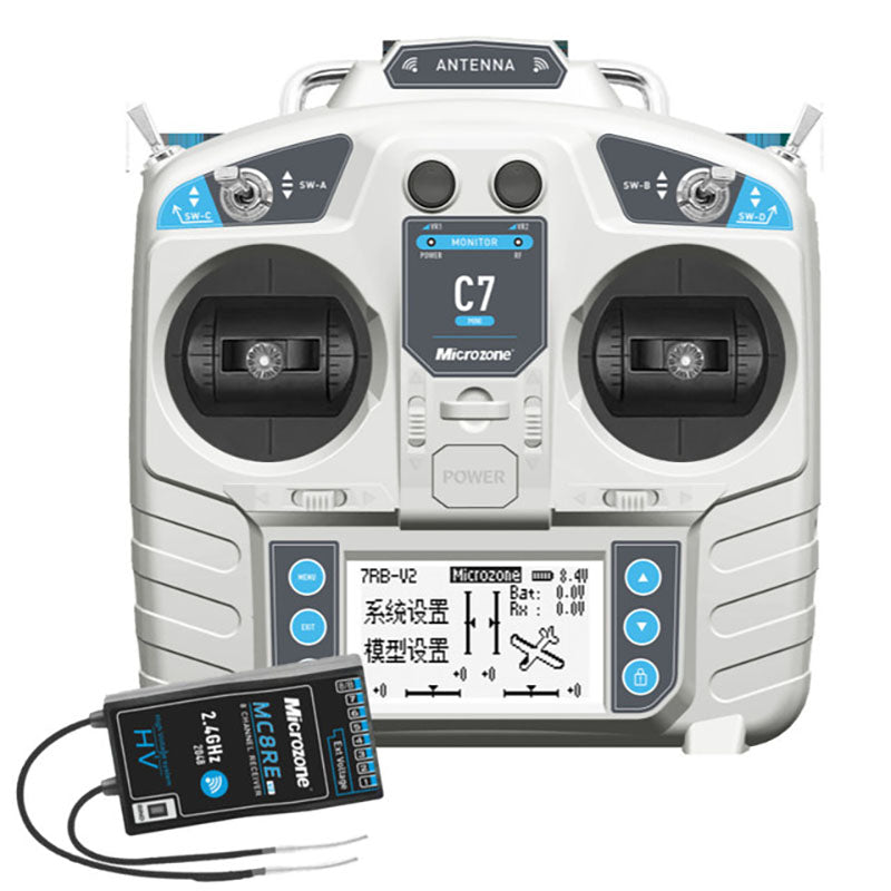 MicroZone MC7 Mini 2.4G Controller Transmitter with MC8RE V2 Receiver Radio System for RC Aircraft Drones Multirotor Helicopters