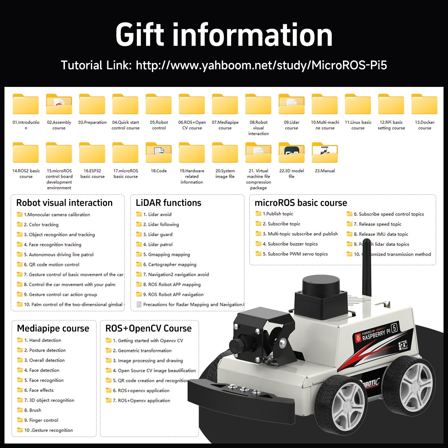 Yahboom MicroROS-Pi5 ROS2 STEM Education Python Programming Robot Car for Raspberry Pi 5 (ROS2-HUMBLE + Python3)