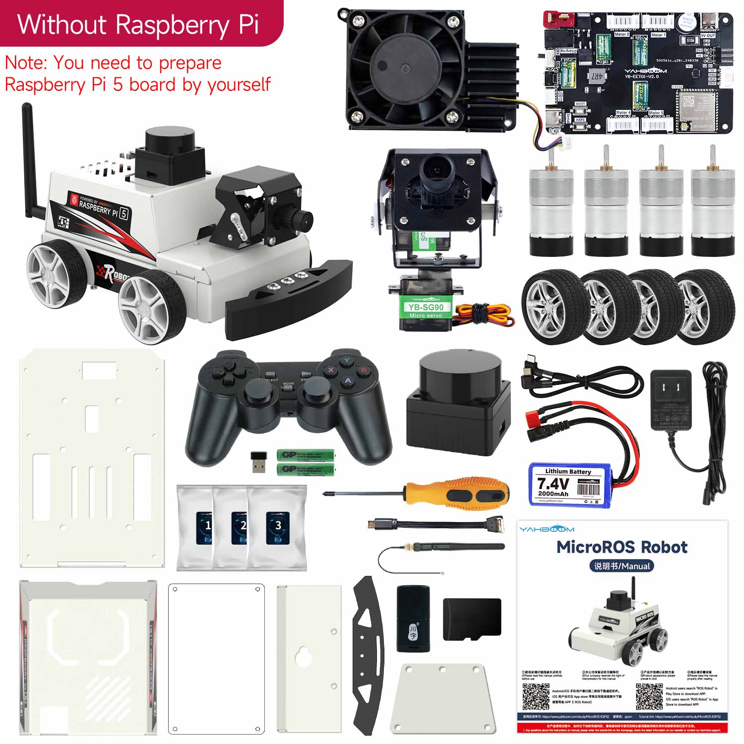 Yahboom MicroROS-Pi5 ROS2 STEM Education Python Programming Robot Car for Raspberry Pi 5 (ROS2-HUMBLE + Python3)