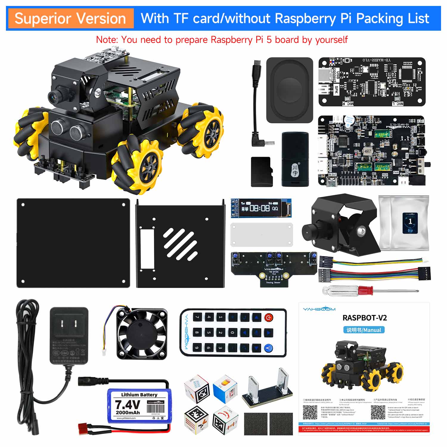 Yahboom Raspbot V2 AI Large Model STEM Education Python Programming Robot Car for Raspberry Pi 5