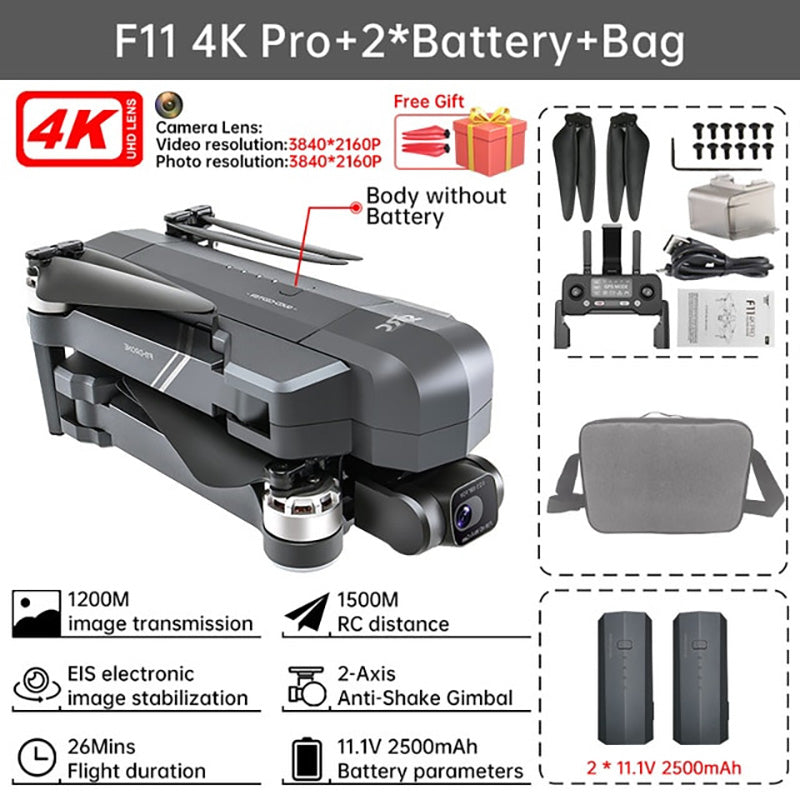 SJRC F11S/F11 4K PRO RC Drone GPS 5G WIFI 3KM Repeater 4K HD Camera 2-Axis Electronic Stabilization Gimbal Brushless Foldable Quadcopter