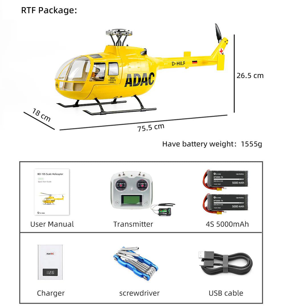 FLYWING BO-105 RC Helicopter 450L Class 6CH Brushless GPS Stabilized Altitude Hold RC Helicopter H1 Flight Controller