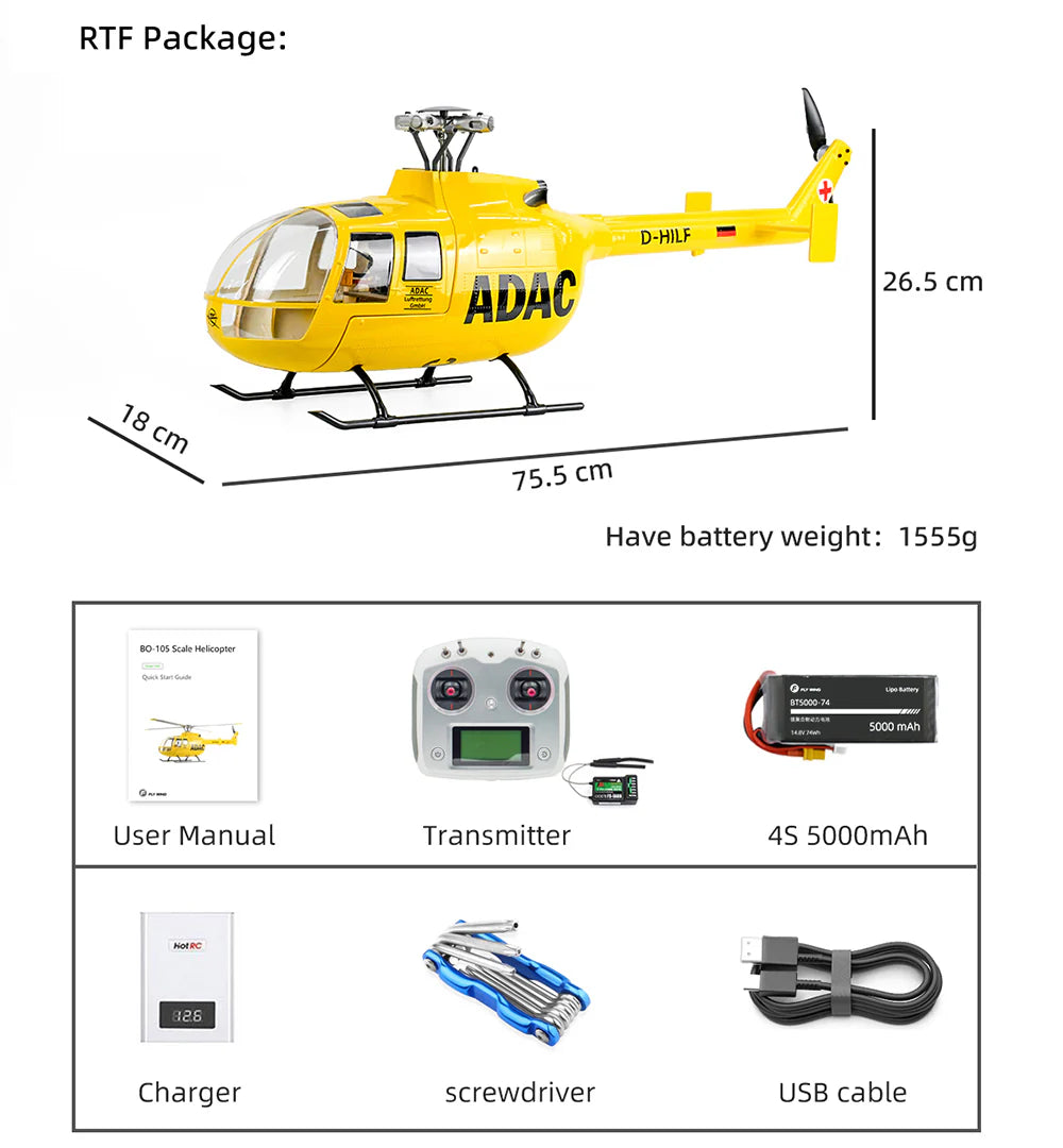 FLYWING BO-105 RC Helicopter 450L Class 6CH Brushless GPS Stabilized Altitude Hold RC Helicopter H1 Flight Controller