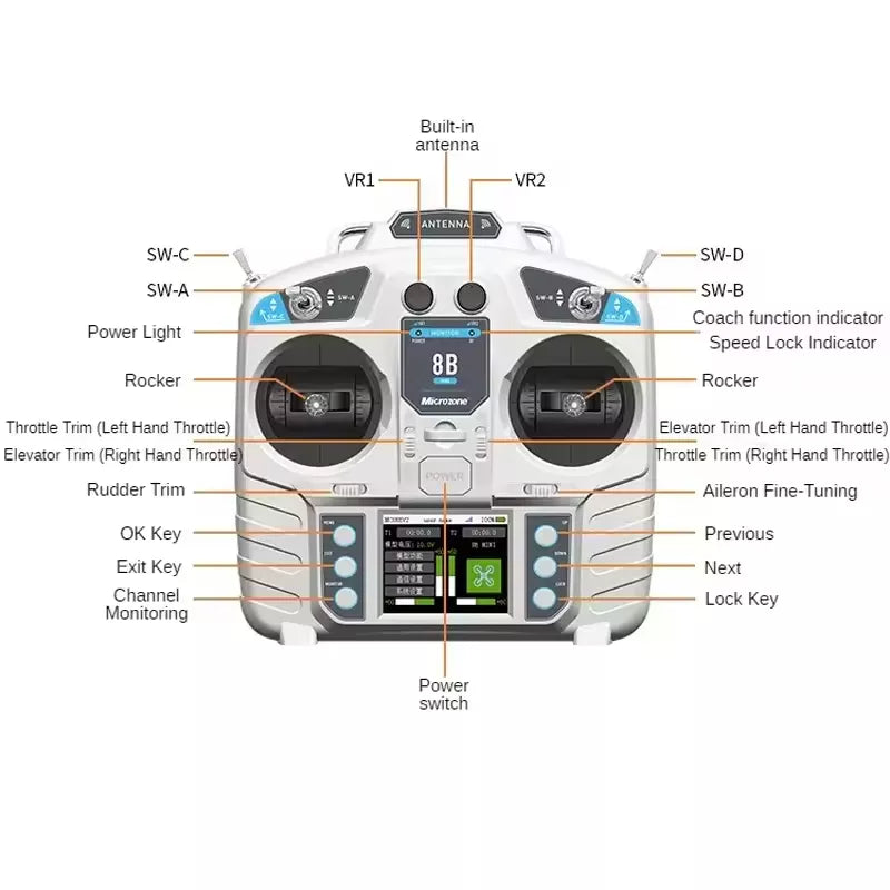 Microzone MC8B MINI 2.4G 8CH Remote Control Transmitter & MC8RE-V2 Receiver Radio System for RC Aircraft Fixed-wing Helicopter
