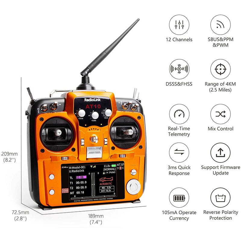 Radiolink AT10II 12CH RC Transmitter R12DS Receiver 2.4GHz DSSS&FHSS Spread Radio Remote Controller for RC Drone/Fixed Wing/Multicopters/Helicopter