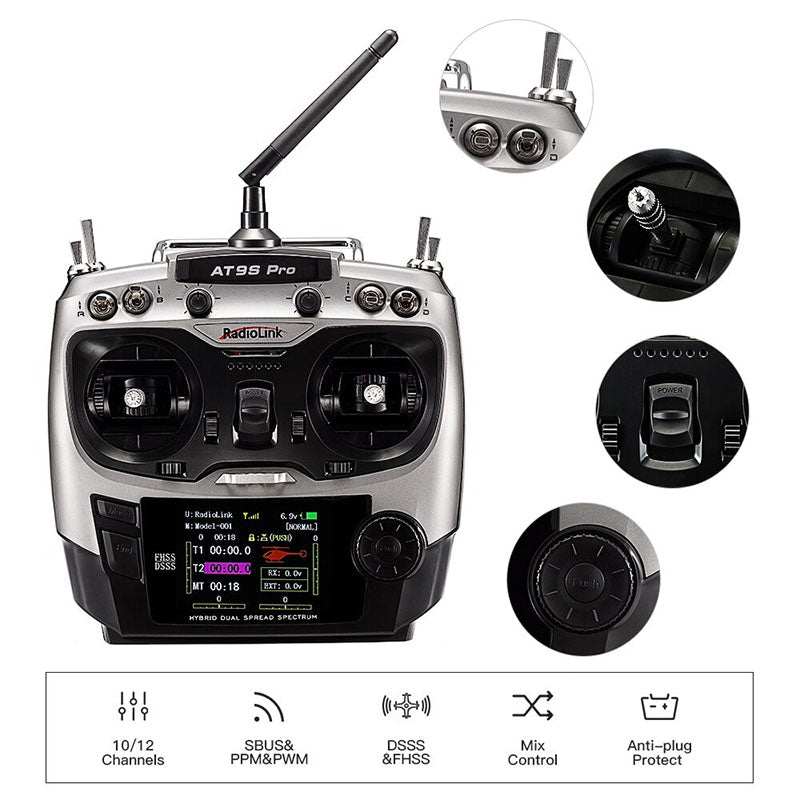 Radiolink AT9S Pro 12CH 2.4G Radio Transmitter R9DS Receiver Support Crossfire Protocol for for Airplane/Jet/FPV Racing Drone/Quad/RC Truck Car/Boat