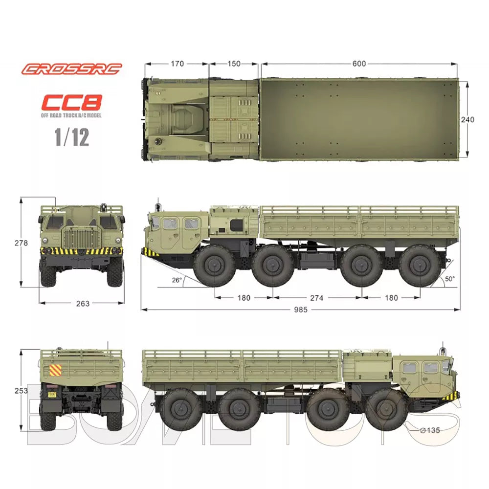 CROSSRC CC8 8x8 1/12 Scale RC Car Military Metal Transport Climbing Car Off-road Model 8WD Toy KIT/RTR