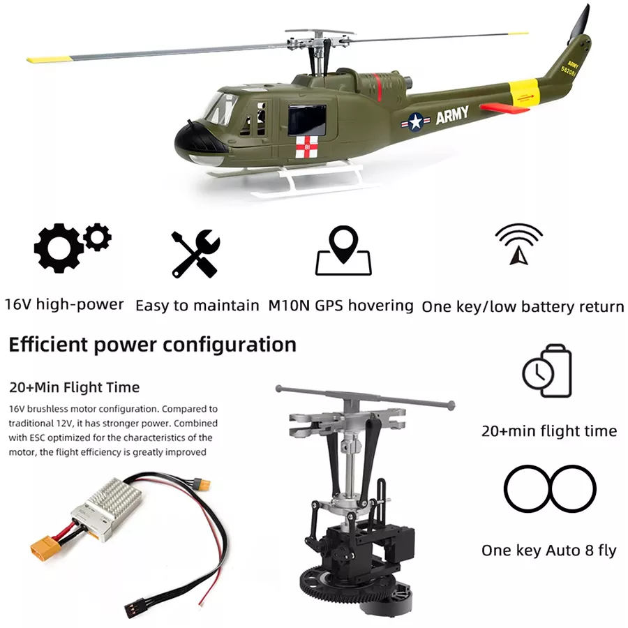 FLYWING UH Huey Helicopter V4 Upgrade Version 450L Class 6CH Brushless GPS Stabilized Altitude Hold RC Helicopter H1 Flight Controller