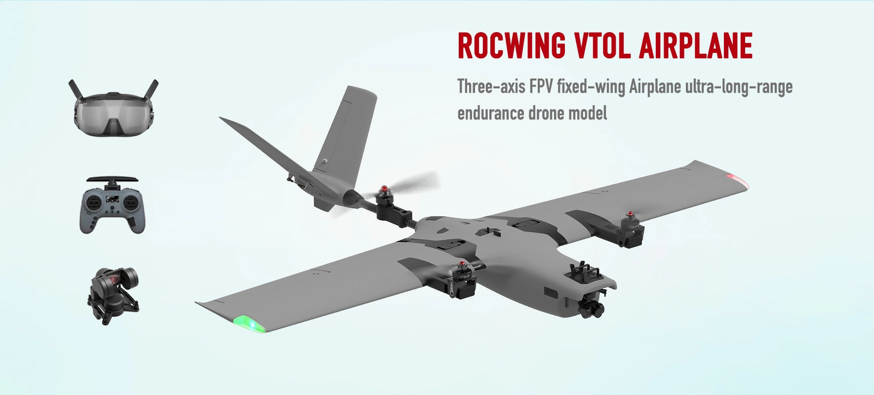 ROCWING VTOL fixed-wing drone with three-axis gimbal for long-range FPV flight