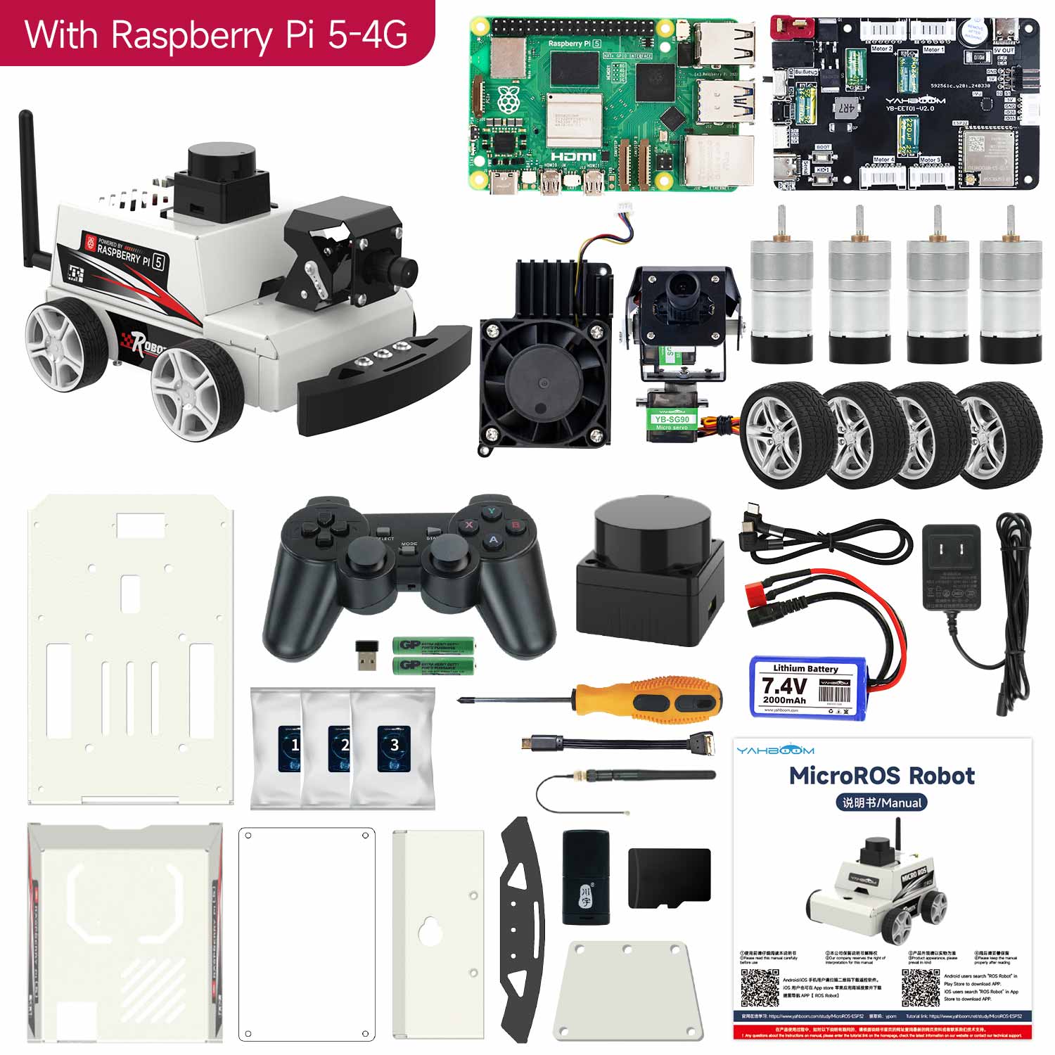 Yahboom MicroROS-Pi5 ROS2 STEM Education Python Programming Robot Car for Raspberry Pi 5 (ROS2-HUMBLE + Python3)
