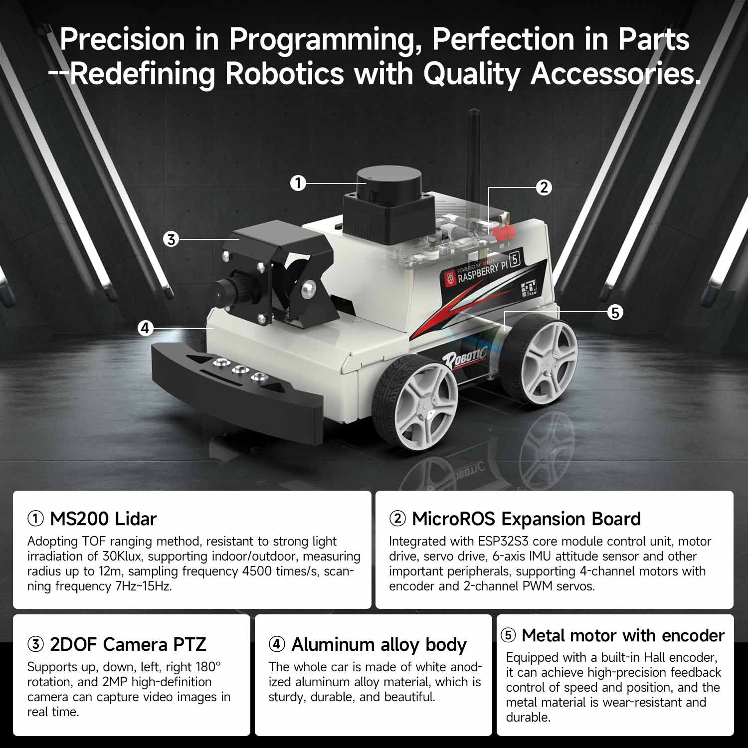 Yahboom MicroROS-Pi5 ROS2 STEM Education Python Programming Robot Car for Raspberry Pi 5 (ROS2-HUMBLE + Python3)