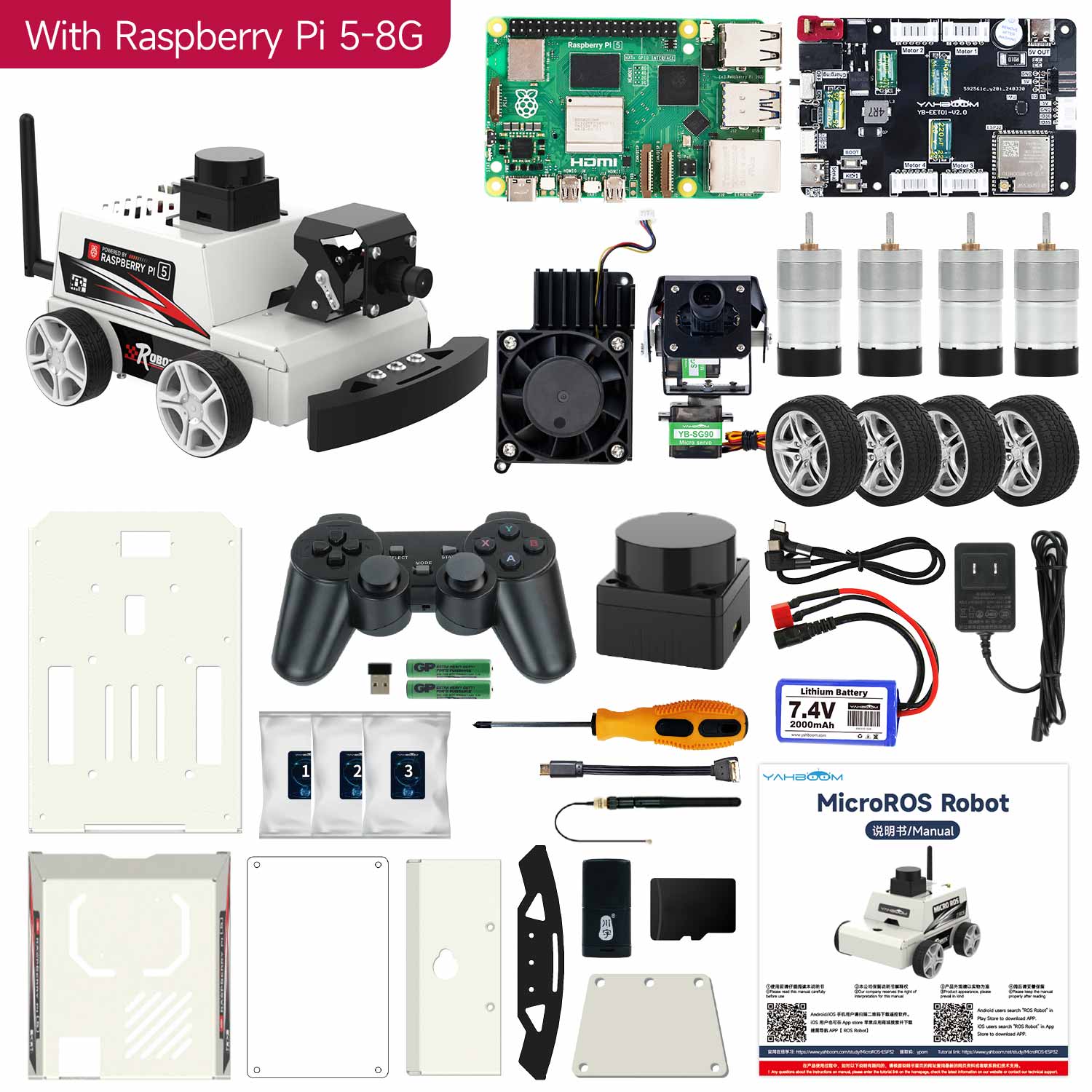Yahboom MicroROS-Pi5 ROS2 STEM Education Python Programming Robot Car for Raspberry Pi 5 (ROS2-HUMBLE + Python3)