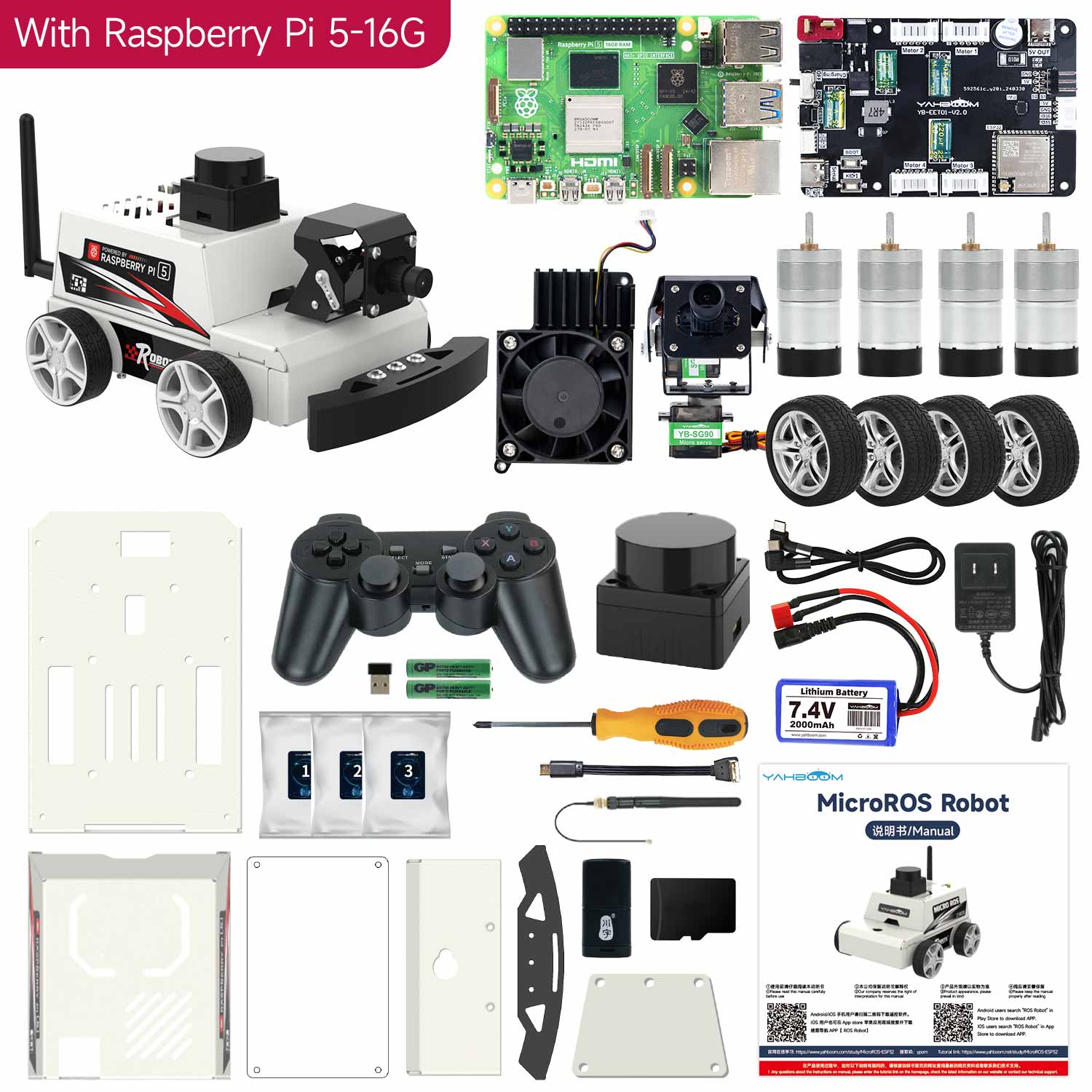 Yahboom MicroROS-Pi5 ROS2 STEM Education Python Programming Robot Car for Raspberry Pi 5 (ROS2-HUMBLE + Python3)