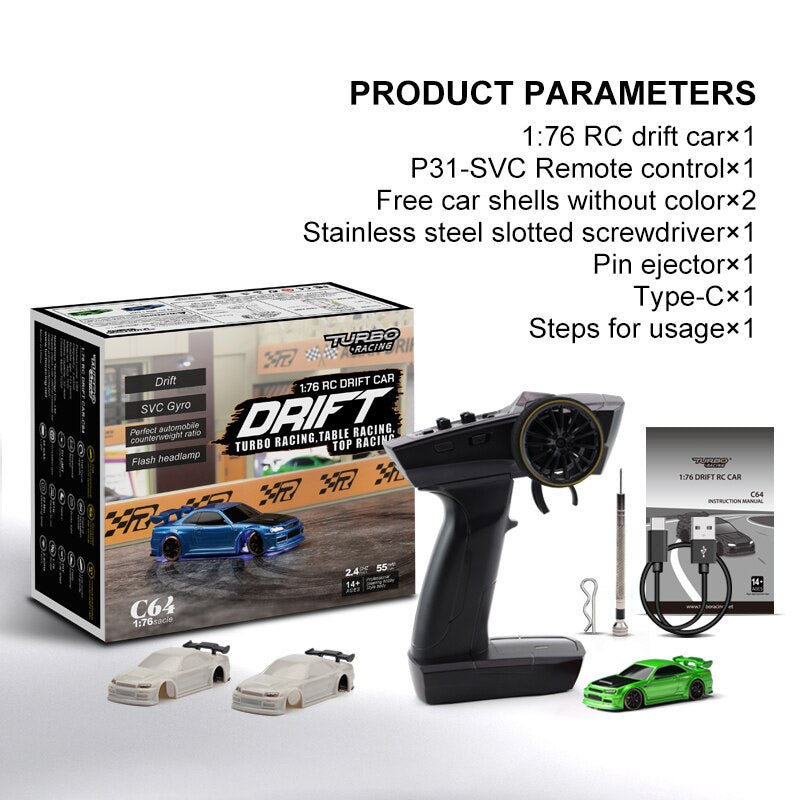 RC Drift Car Turbo Racing 1:76 C64 Full Proportional Mini RC Car Toys